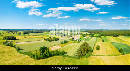 Grüne Felder und Bäume der polnischen Landschaft erstrecken sich bis zum Horizont unter weißen Wolken und blauer Himmel Stockfoto