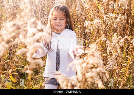 Foto von einem kleinen Mädchen hat einen Blumenstrauß herbst gras in die Hände, von denen Flusen Streuungen Stockfoto