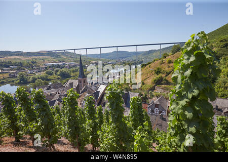 Zeltingen Rachtig, Deutschland. 24. Juli, 2019. Die derzeit im Bau befindliche Hochmosel Brücke überspannt die Mosel auf einer Höhe von bis zu 160 Metern, mit Ürzig im Vordergrund. Die Straße ist asphaltiert. Quelle: Thomas Frey/dpa/Alamy leben Nachrichten Stockfoto