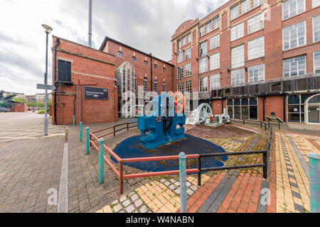 Wigan Stadtzentrum, cal System und Wigan Athlectic Football Club Stockfoto