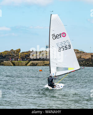 North Berwick, East Lothian, Schottland, Vereinigtes Königreich, 24. Juli 2019. RS Aero Challenge Cup: East Lothian Yacht Club Hosts die Segelregatta mit 80 Jollen konkurrieren für eine Herausforderung handicap Cup vor Großbritannien Nationale & Internationale Offene Meisterschaft stattfindet, über 4 Tage. Ein Wettbewerber setzt sich aus dem Schacht Stockfoto