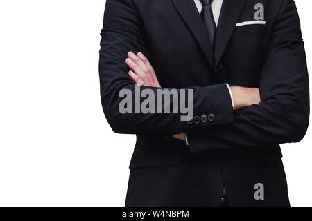 Sanfte schwere Arbeiten manager Geschäftsmann arme Kreuz auf weißem Hintergrund Stockfoto