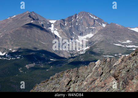 Eiszeit headwall, cirque, und Urstromtal, geschnitzt in Präkambrischen (proterozoikums) Granit, Ostseite des Longs Peak, Colorado, USA Stockfoto