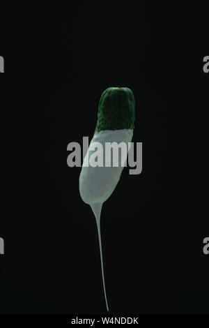 Grüne Gurke Tropfen weißer Farbe auf einem schwarzen blackground. Stockfoto