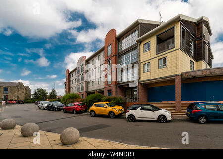 Wigan Stadtzentrum, cal System und Wigan Athlectic Football Club Stockfoto