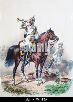 Königlich-preußischen Armee, Guards Corps Preußens Heer, preussische Garde, Leib Kürassier Regiment, Schlesisches Nr. 1, Trompeter, Offizier, digitale Reproduktion einer Abbildung aus dem 19. Jahrhundert verbessert Stockfoto