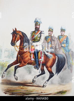 Königlich-preußischen Armee, Guards Corps, Friedrich III., Deutscher Kaiser und König von Preußen zusammen mit Helmuth Karl Bernhard Graf von Moltke und Albrevht Theodor Emil von Roon. Preußens Heer, Friedrich III., mit vollem Namen Friedrich Wilhelm Nikolaus Karl von Preußen mit Helmuth Karl Bernhard Graf von Moltke und Albrecht Theodor Emil von Roon, preußischer Generalfeldmarschall, Digital verbesserte Reproduktion einer Abbildung aus dem 19. Jahrhundert Stockfoto