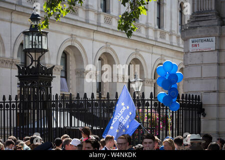 An dem Tag, an dem die britische neue Konservative Partei Premierminister, Boris Johnson in Downing Street, seine Verwaltung zu beginnen, Austausch Theresa May nach ihrem gescheiterten Brexit Verhandlungen mit der Europäischen Union in Brüssel, Pro-EU-remainers Protest außerhalb Downing Street, am 24. Juli 2019, in Westminster, London, England. Stockfoto