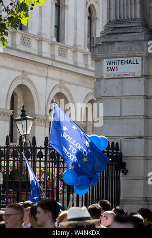 An dem Tag, an dem die britische neue Konservative Partei Premierminister, Boris Johnson in Downing Street, seine Verwaltung zu beginnen, Austausch Theresa May nach ihrem gescheiterten Brexit Verhandlungen mit der Europäischen Union in Brüssel, Pro-EU-remainers Protest außerhalb Downing Street, am 24. Juli 2019, in Westminster, London, England. Stockfoto