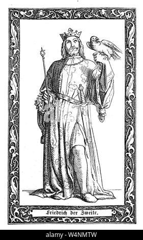 Friedrich II., König von Deutschland ab 1212, König von Italien und Kaiser des Heiligen Römischen Reiches. Friedrich II., 1194-1250, Adelsgeschlecht der Staufer, ab 1212 römisch-deutscher König und von 1220 bis zu seinem Tod Kaiser des römisch-deutschen Reiches, Digital verbesserte Reproduktion einer Abbildung aus dem 19. Jahrhundert Stockfoto