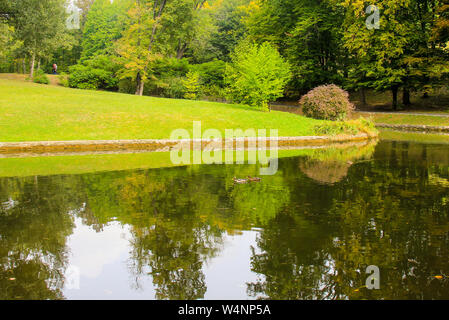 Wald Landschaft, schönen See im Wald im dendrologische Nationalpark Sofiyivka in Uman, Ukraine, Bäume sind im Wasser wider. Frühling, Sommer Stockfoto