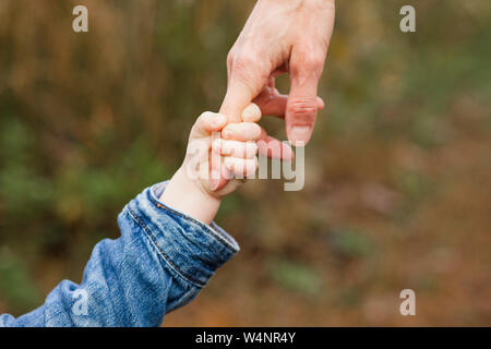 In der Nähe von einem kleinen Kind und Elternteil halten sich an den Händen Stockfoto