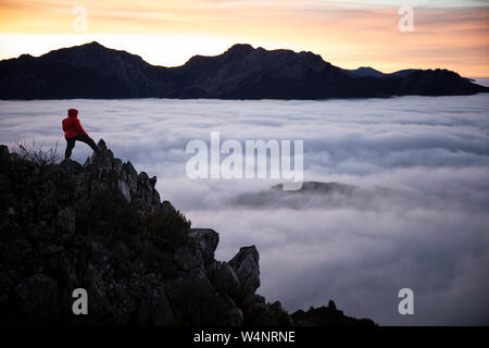 Man Nebel Beobachten bei Sonnenaufgang vom Gipfel der Berge Stockfoto