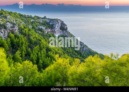 Griechenland, Zakynthos, grüne Natur Paradies der rauen Klippen und endlosen Meer Horizont hinter im Abendlicht Stockfoto