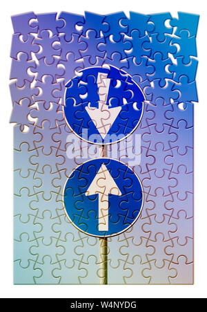 Widerspruch Konzept Bild mit Verkehrszeichen in jugsaw puzzle Form Stockfoto