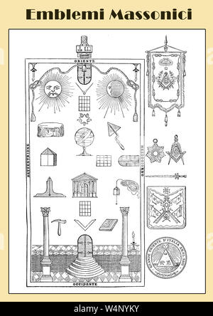 Italienische Tabelle der freimaurerischen Symbole und Embleme aus einem Lexikon early'900 Stockfoto