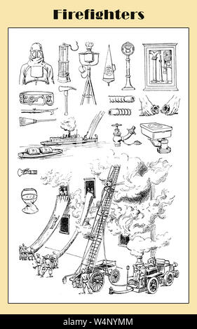 Feuerwehrmänner Tabelle mit Ausrüstung und Feuerwehr Rettung Szenen aus einem italienischen Lexikon early'900 Stockfoto