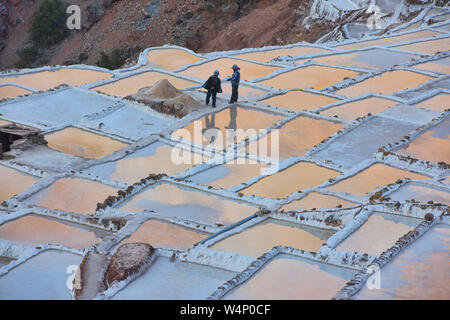 Sonnenuntergang Reflexionen über die Salinen von Maras, das Heilige Tal, Peru Stockfoto