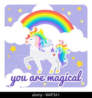 Cute Vector Karte mit Einhorn und Regenbogen. Sie sind magisch. Stock Vektor