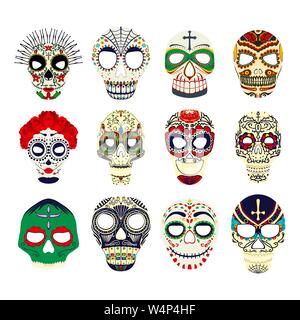 Tag der Toten mexikanischen Schädel Symbole Sammlung, Vektormasken auf weißem Hintergrund Stock Vektor