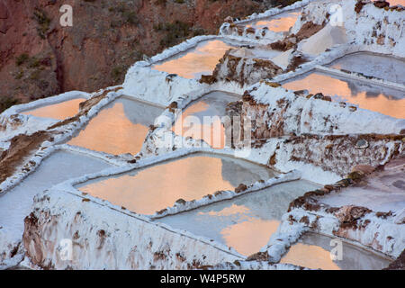 Sonnenuntergang Reflexionen über die Salinen von Maras, das Heilige Tal, Peru Stockfoto