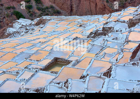 Sonnenuntergang Reflexionen über die Salinen von Maras, das Heilige Tal, Peru Stockfoto