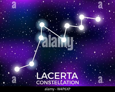 Lacerta Konstellation. Sternenhimmel. Sternzeichen. Cluster von Sternen und Galaxien. Deep Space. Vector Illustration Stock Vektor