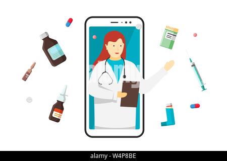 Arzt online mobile Chat Internet Beratung medizinische App. Weiße Frau auf Smartphone-Bildschirm mit Medikamenten und Stethoskop. Gesundheitswesen Krankenhaus Beratung Web-Service. Vektorgrafik flach Stock Vektor