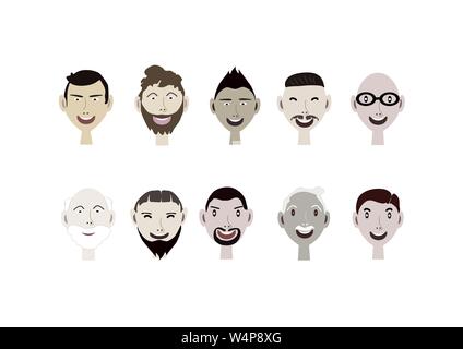 Abbildung verschiedener Cartoon Avatare von Männern Gesichter isoliert auf einem weißen Hintergrund. Stockfoto