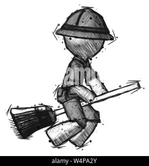 Skizze explorer Ranger Mann fliegen auf Besen. Stockfoto