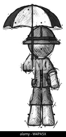 Skizze explorer Ranger Mann mit Regenschirm. Stockfoto