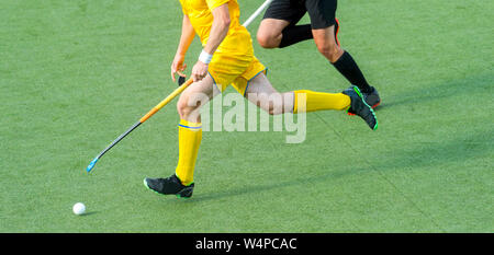 Zwei Field hockey player, kämpfen für den Ball über das Mittelfeld während eines intensiven Match auf Kunstrasen Stockfoto