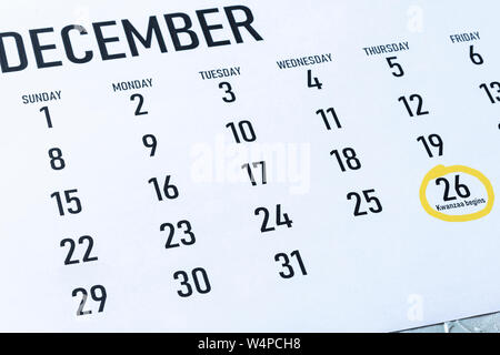 Kwanzaa 2019 Beginn Tag in den Vereinigten Staaten - Donnerstag, 26. Dezember auf 2019 Kalender markiert Stockfoto