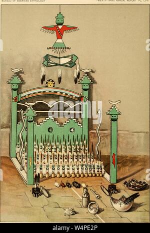 Eingravierte Zeichnung der Zuni Altar des Uhuhukwe, Adler, der Brüderlichkeit, der aus dem "Jahresbericht des Präsidiums der amerikanischen Ethnologie, dem Sekretär der Smithsonian Institution", 1895. Mit freundlicher Genehmigung Internet Archive. () Stockfoto