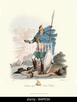 Vintage Gravur von Kostümen des Alten sächsischen Krieger ChiefAncient Sächsische Krieger Chief. 1815, das Kostüm der ursprünglichen Bewohner der Briti Stockfoto