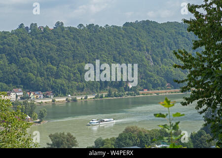 Dreiflüsseeck (drei Flüsse Ecke), an der Kreuzung von Ilz, Donau und Inn, Passau, Niederbayern, Deutschland Stockfoto