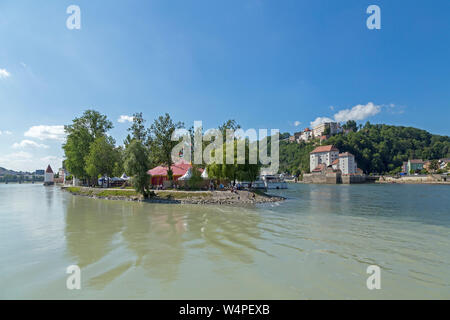 Dreiflüsseeck (drei Flüsse Ecke), an der Kreuzung von Ilz, Donau und Inn, Passau, Niederbayern, Deutschland Stockfoto