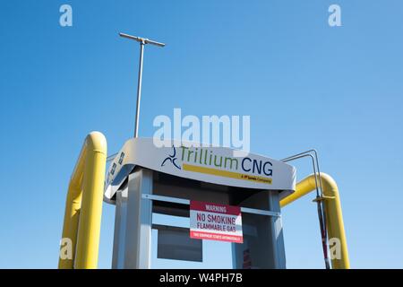 Close-up Logo auf Trillium Compressed Natural Gas (CNG) Tankstelle in der San Francisco Bay Area Stadt Berkeley, Kalifornien, 13. September 2018. () Stockfoto