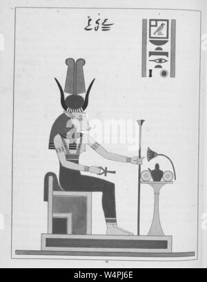 Antike ägyptische Göttin Hathor, halten das Ankh und das Zepter, die Mutter des Himmels, Gott Horus und der Sonnengott Ra, Illustration aus dem Buch "Pantheon" egyptien von Leon Jean Joseph Dubois, 1824. Von der New York Public Library. () Stockfoto