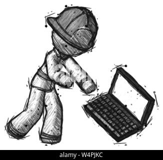 Skizze Feuerwehrmann Feuerwehrmann Mann werfen Laptop in der Frustration. Stockfoto