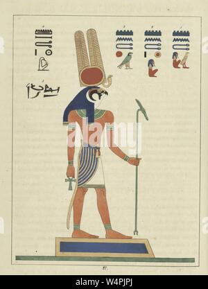 Alten Ägyptischen Gott montu, ein Mann mit dem Kopf eines Falcon Holding das Ankh und das Zepter, der Gott des Krieges, Illustration aus dem Buch "Pantheon" egyptien von Leon Jean Joseph Dubois, 1824. () Stockfoto