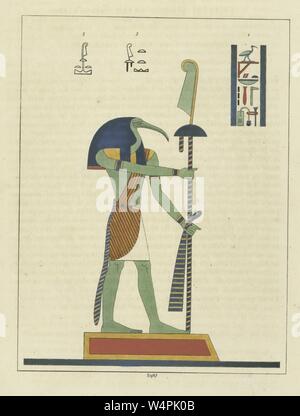 Alten Ägyptischen Gott Thoth, hält das Zepter in der Hand, mit einem Ibis Kopf, Gott der Magie, Schreiben dargestellt, die Entwicklung der Wissenschaft, und das Urteil der Toten, Illustration aus dem Buch "Pantheon" egyptien von Leon Jean Joseph Dubois, 1824. () Stockfoto