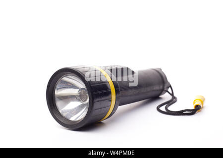 Schwarze Taschenlampe auf weißem Hintergrund Stockfoto