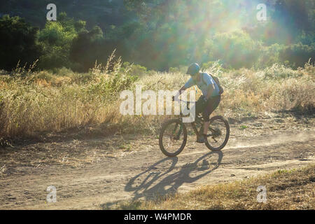 Reifer Mann reiten Mountainbike auf Spuren auf hellen, sonnigen Tag Stockfoto