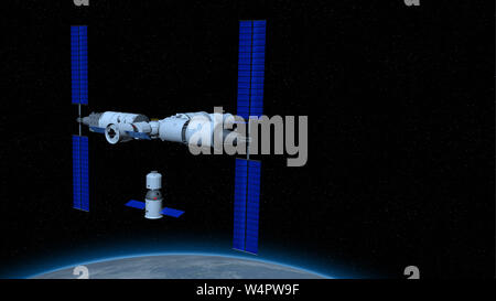 Shenzhou bemannten Schiff in die Richtung der Kopplung des TIANHE Core Modul in TIANGONG 3-chinesischen Raumstation mit dem Planeten Erde unten Stockfoto