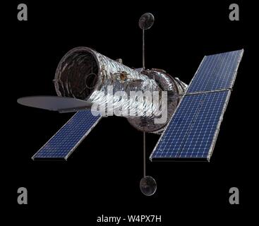 Weltraumteleskop isoliert auf schwarzen Hintergrund, 3D-Darstellung Stockfoto