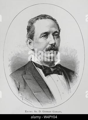 Germán Gamazo y Calvo (Boecillo 1840 - Madrid, 1901). Abogado y político Español. Ministro de Fomento durante El reinado de Alfonso XII. Ministro de Hacienda y de Ultramar Durante la Regencia de María Cristiana de Habsburgo-Lorena. Dibujo por Badillo. Grabado por Arturo Carretero. La Ilustración Española y Americana, 8 de Febrero de 1883. Stockfoto