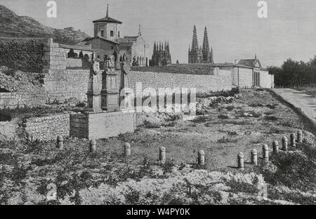 España. Burgos. "El Solar del Cid". Monumento construido en 1784, Obra del artista José Cortés, que señala El lurgar Donde tradicionalmente nació El Cid. Solar embaldosado con Sockel con Tres monolitos Con Los Escudos de Burgos, San Pedro de Cardeña y una leyenda de inscripción Rodrigo Díaz de Vivar, Llamado El Cid Campeador (1048-1099). Grabado por Tomás Carlos Capuz (1834-1899). La Ilustración Española y Americana, 22 de marzo de 1883. Stockfoto