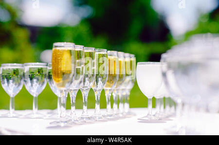 Gläser Champagner, Gala Dinner in einem Restaurant Stockfoto