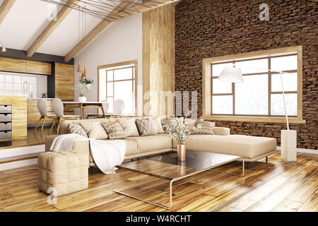 Modernes Interieur des Hauses, Küche, Wohnzimmer mit einem 3D-Rendering Stockfoto
